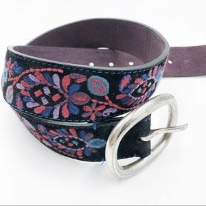 Lucky Brand Black Embroidered Leather Belt Floral